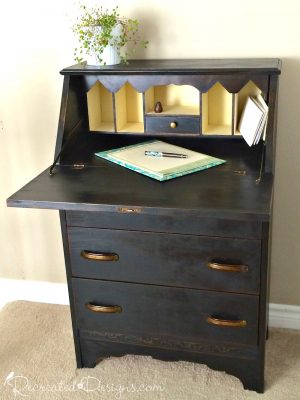 Vintage secretary painted with Miss Mustard Seed Milk Paint in Typewriter with original handles