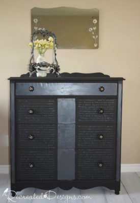 Vintage dresser painted with Country Chic paint in Liquorice and embellished with a French Script stencil