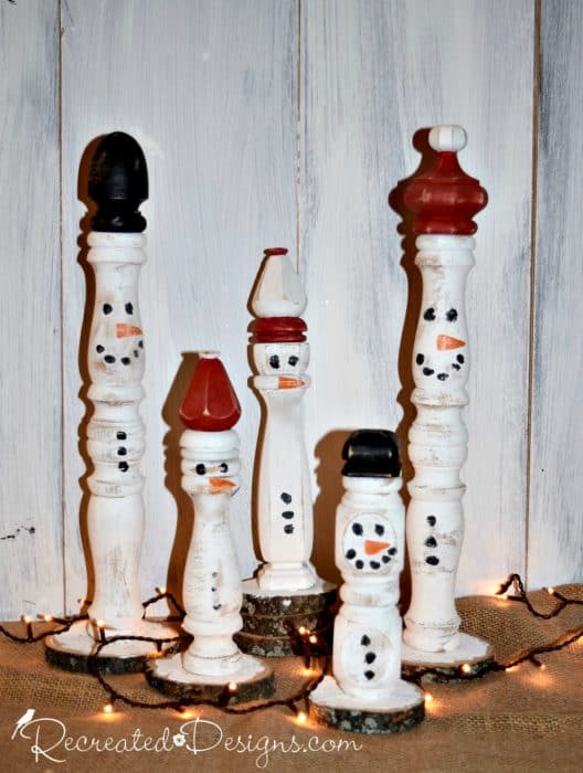 vintage spindles made into snowmen painted with Fusion Mineral Paint