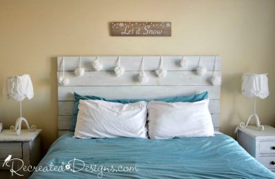 blue and white bedroom with pom pom snowballs