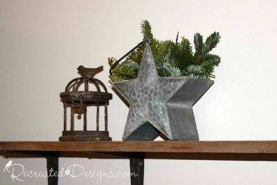 galvanized tin star with spruce sprigs and a wrought iron bird cage