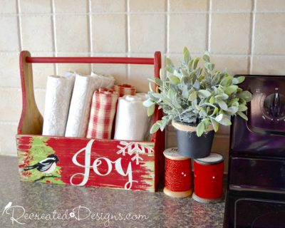 a box filled with linens sitting on a Kitchen counter