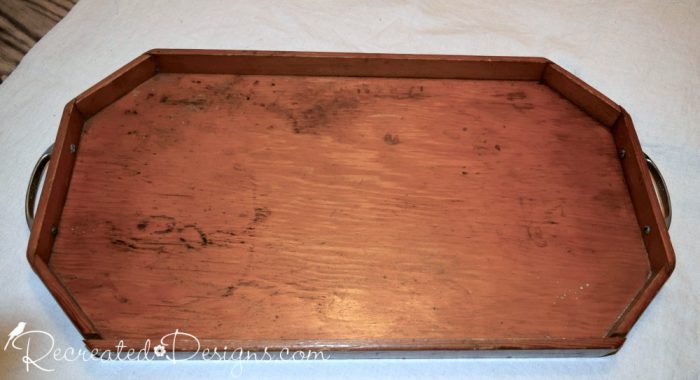 reclaimed wood tray and vintage hardware before cleaning, painting and fixing
