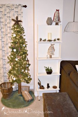 bookshelf made out of drawers and Christmas tree