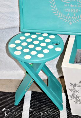 turquoise painted stool with white polka dots