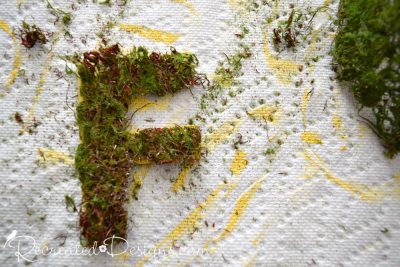 using moss ribbon to cover painted wood letters