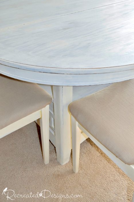 a dining table and chairs painted with Homestead House Milk Paint in Limestone