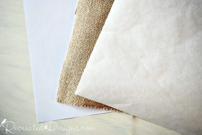 sheets of paper, burlap and freezer paper