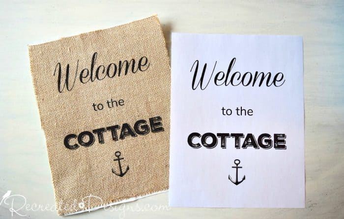 Welcome to the cottage sign printed on paper and burlap