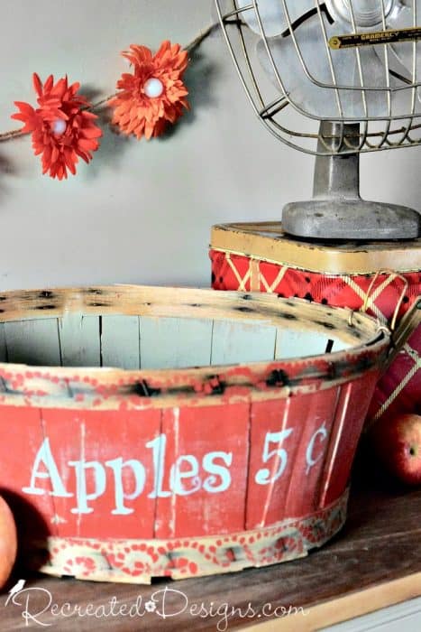 Vintage picking basket painted for Fall with perfect doily border