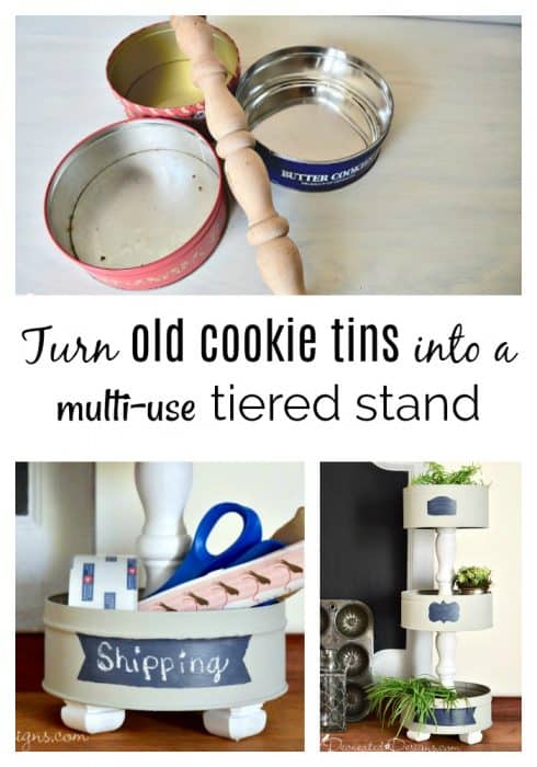 turn old cookie tins into a DIY tiered stand