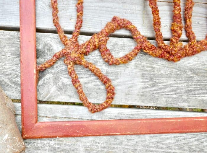 fall word art made from reclaimed frame, wire and wool
