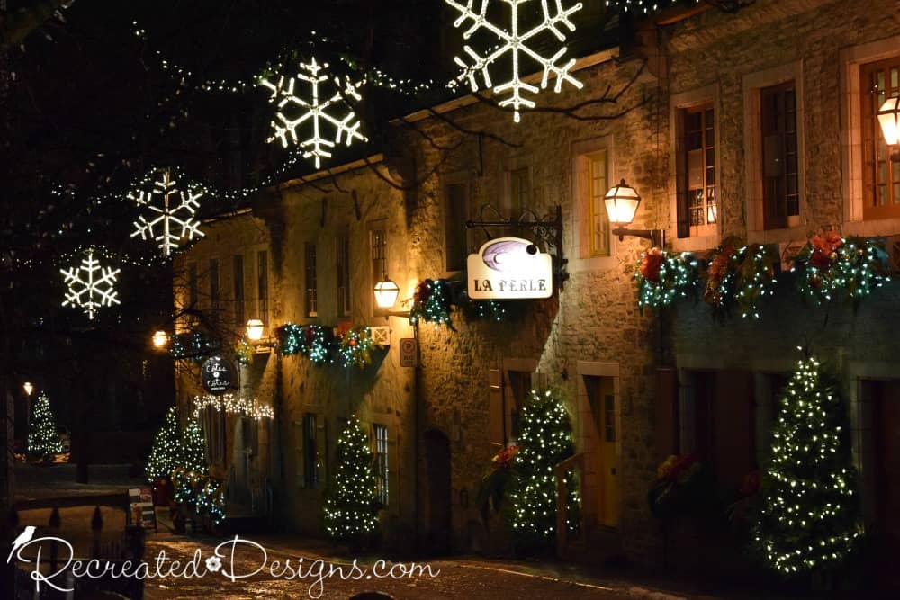 cobblestone street at Christmas in Old Quebec City, Canada