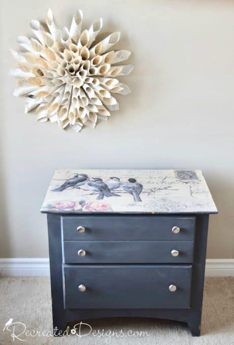 modern drawers upcycled with vintage inspired paper and Mod Podge
