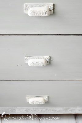 wrought iron furniture handles painted white on vintage dresser