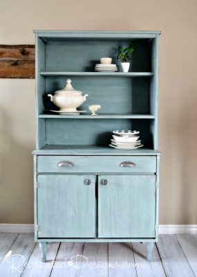 Mid Century Modern Hutch upcycled into pretty Farmhouse hutch with paint and new hardware
