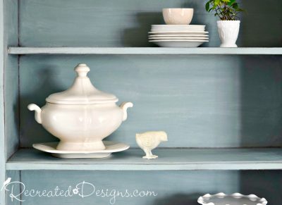 vintage ironstone on a blue Farmhouse hutch