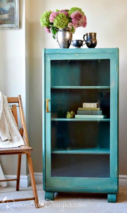 vintage bookshelf painted with Miss Mustard Seed Milk paint