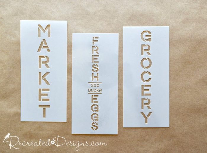 Stencils from Stencil Revolution that say Market, Fresh Eggs and Grocery