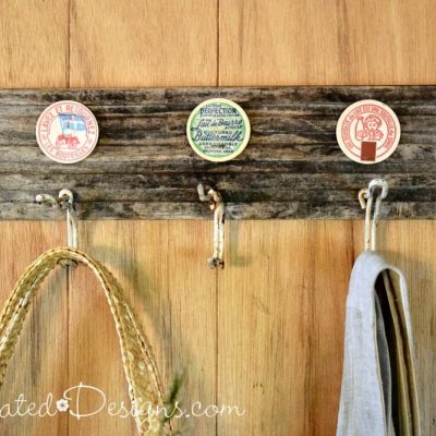 upcycled French milk caps with vintage hooks and reclaimed wood