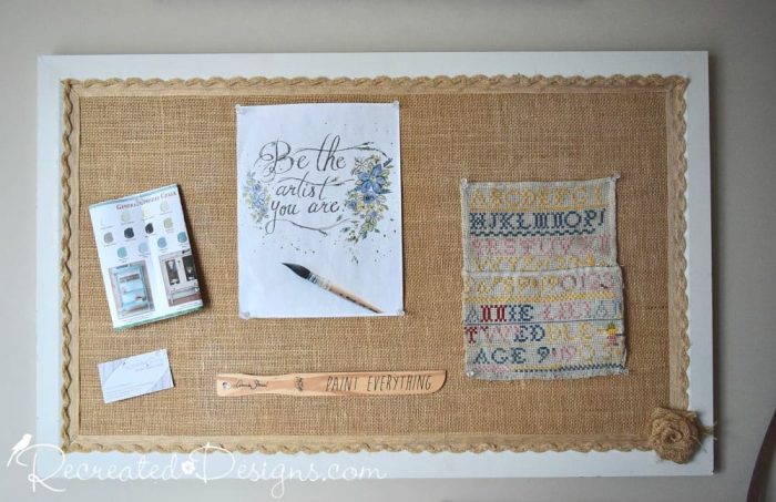 upcycled cork board covered with burlap and paint