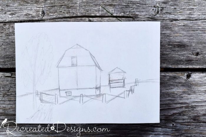 a sketch of old barns before painting
