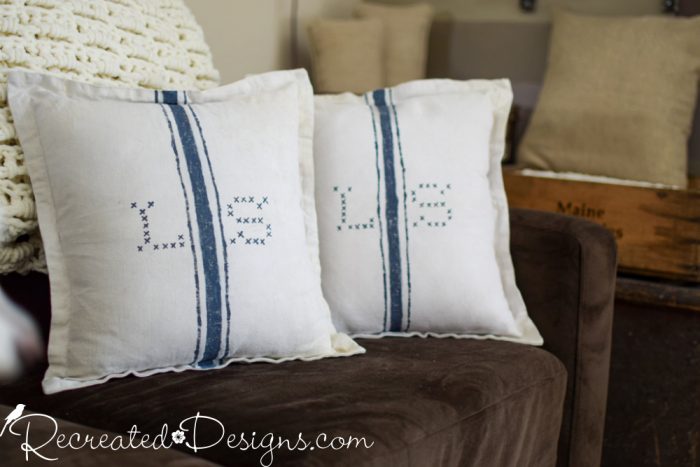 grain sack stripes and monograms on pillow covers