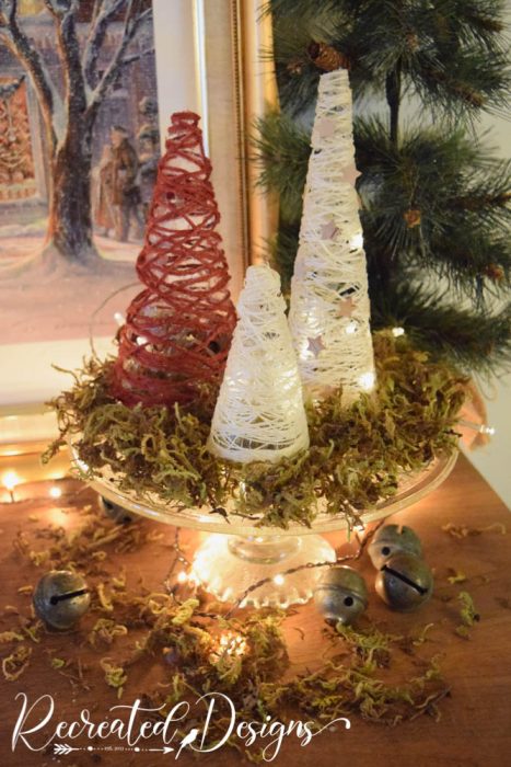 Christmas trees made from string and Mod Podge 