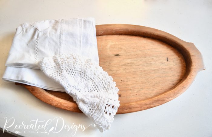 old wooden tray and linens