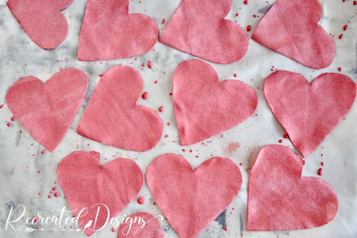 fabric hearts dyed red using paint