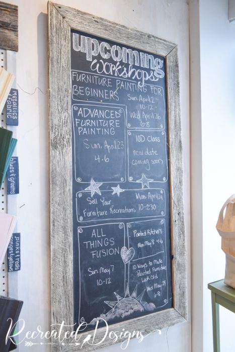 Chalkboard with upcoming classes on it